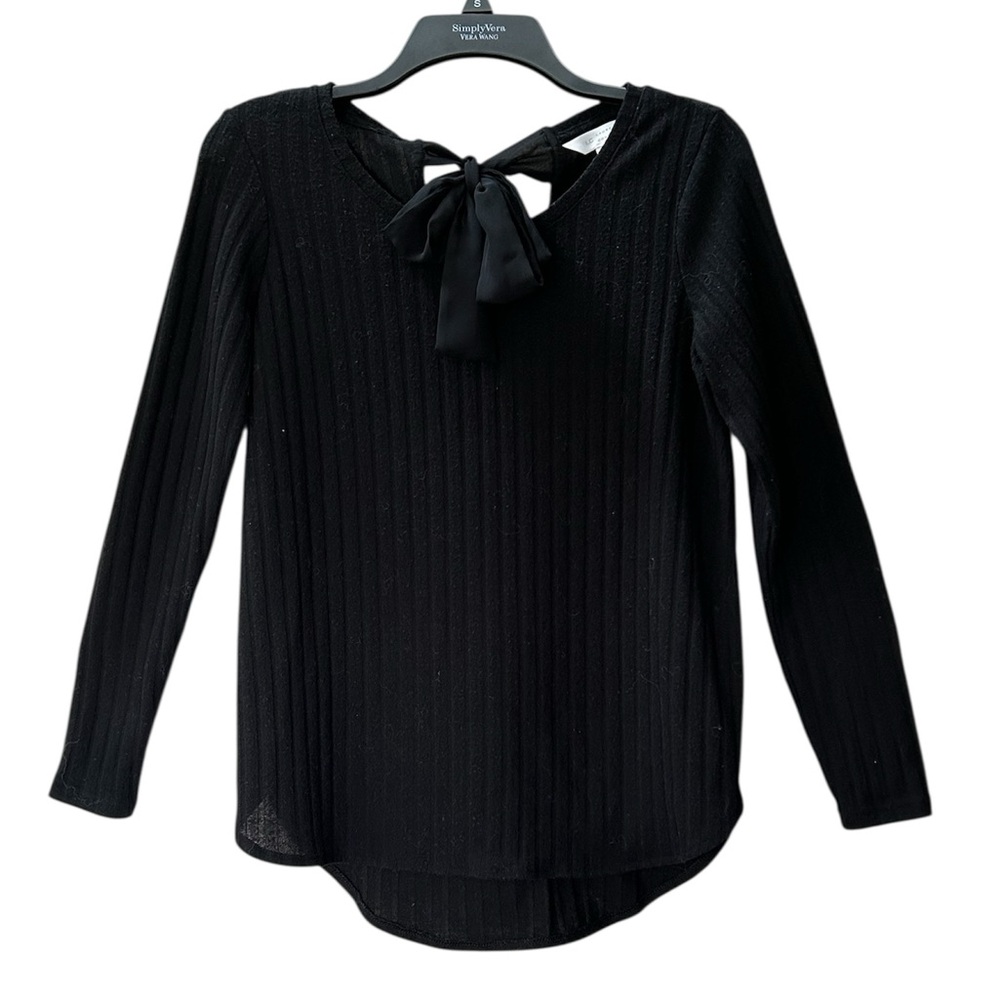 LC Lauren Conrad Black Knit Long Sleeve Tie Neck Back Sweater Lightweight Sz XS